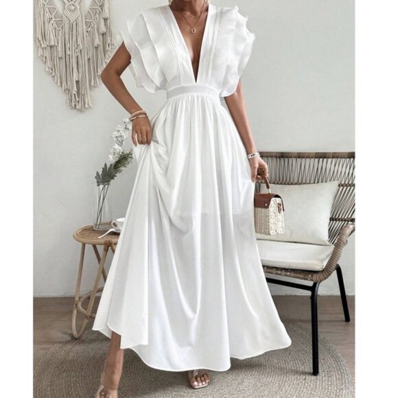 Classic White Plunging Neck Ruffle Sleeve Maxi Dress - Picture 1 of 4